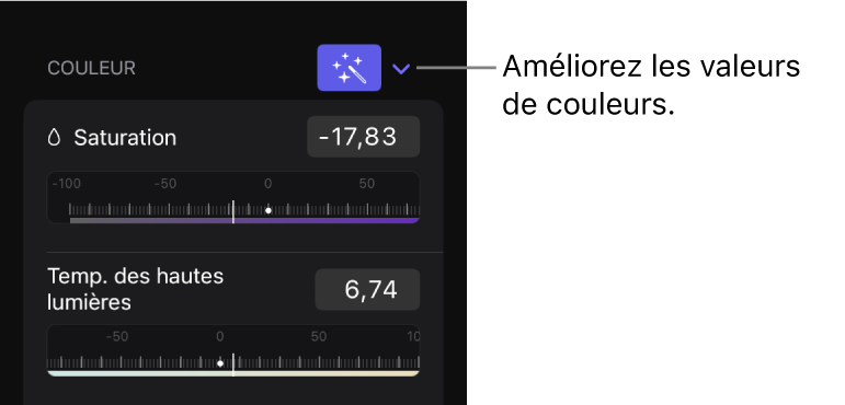 Onglet Effets de l’inspecteur avec le bouton Améliorer pour la section Couleur.
