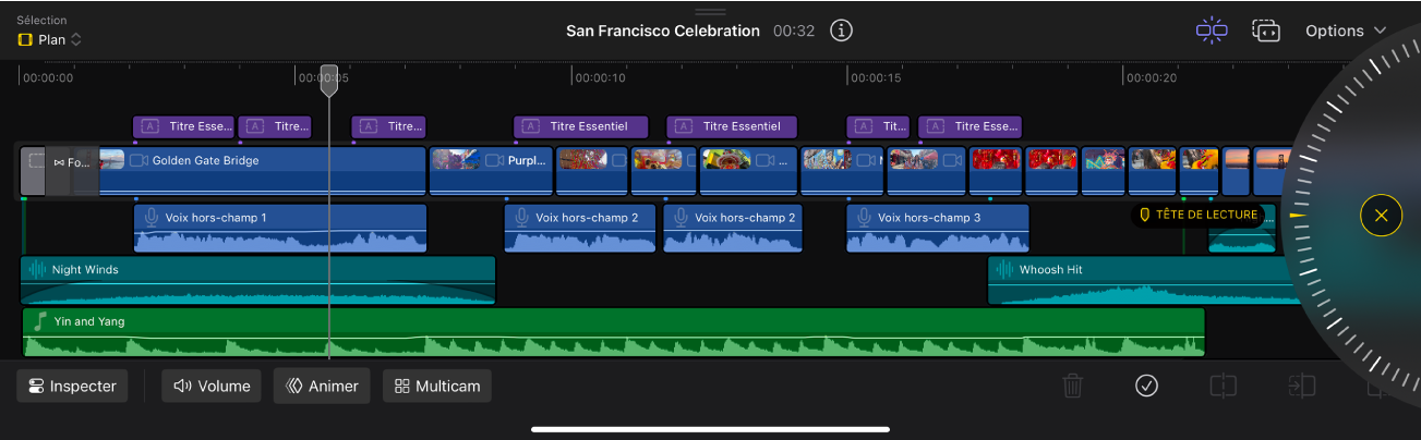 Timeline magnétique de Final Cut Pro pour iPad affichant des plans vidéo, audio et de musique