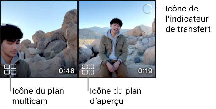 Un plan multicam avec une icône de plan multicam, et un second plan multicam avec une icône de fichier d’aperçu et une icône d’indicateur de transfert, montrant qu’un transfert de fichiers est en cours.