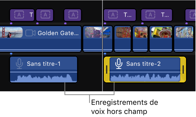 Enregistrements de voix off apparaissant sous le scénario principal dans la timeline.