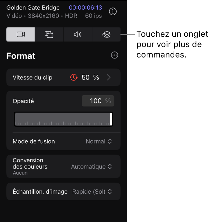 L’onglet Format de l’inspecteur, montrant les commandes pour modifier la vitesse, l’opacité et le mode de fusion d’un plan vidéo.