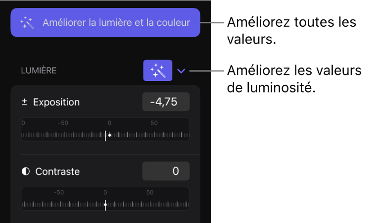 Onglet Effets de l’inspecteur avec le bouton « Améliorer la lumière et la couleur » et le bouton Améliorer pour la section Lumière.