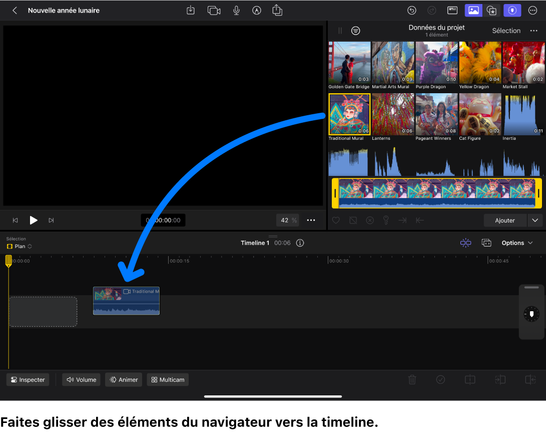 Espace de travail principal dans Final Cut Pro pour iPad, avec une vignette de plan en cours de glissement depuis le navigateur vers la timeline.