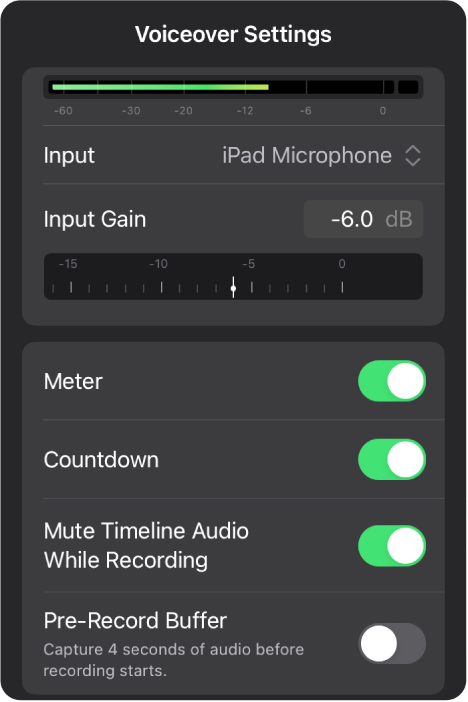 アフレコの設定。オーディオメーター、「入力」ポップアップメニュー、「入力ゲイン」ダイヤル、「メーター」スイッチ、「カウントダウン」スイッチ、「録音中はタイムラインのオーディオをミュート」スイッチ、「録音前バッファ」スイッチがあります。