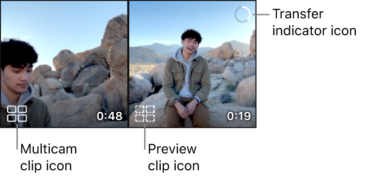 멀티캠 클립 아이콘이 있는 멀티캠 클립과 미리보기 클립 아이콘이 있는 두 번째 멀티캠 클립과 전송 표시기 아이콘. 파일 전송이 진행되고 있음을 표시함