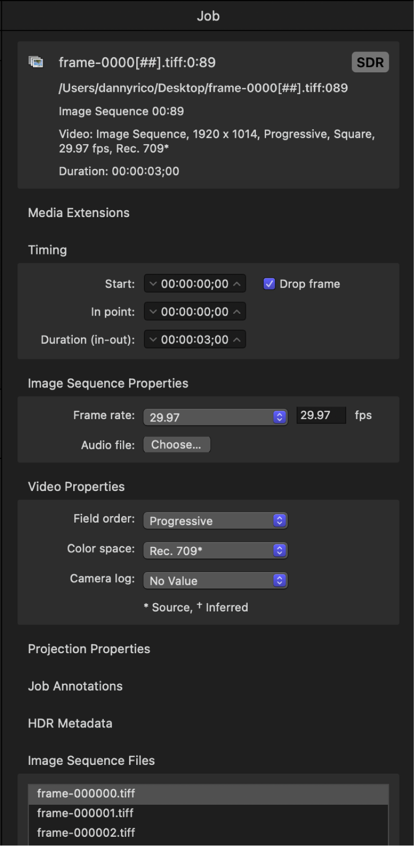 Job inspector showing properties for image sequence