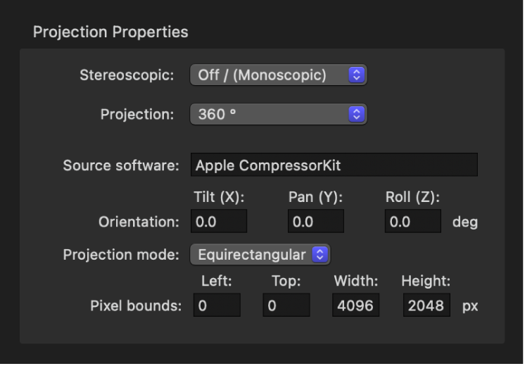 The Projection Properties pane in Compressor showing 360° metadata properties.