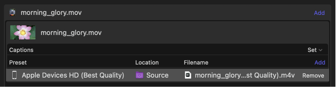 Job in batch area with output row selected