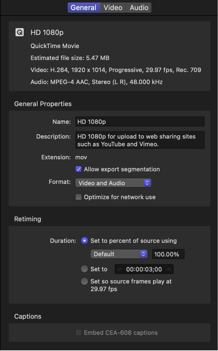 Panel Inspector con las propiedades de un preajuste HD 1080p.