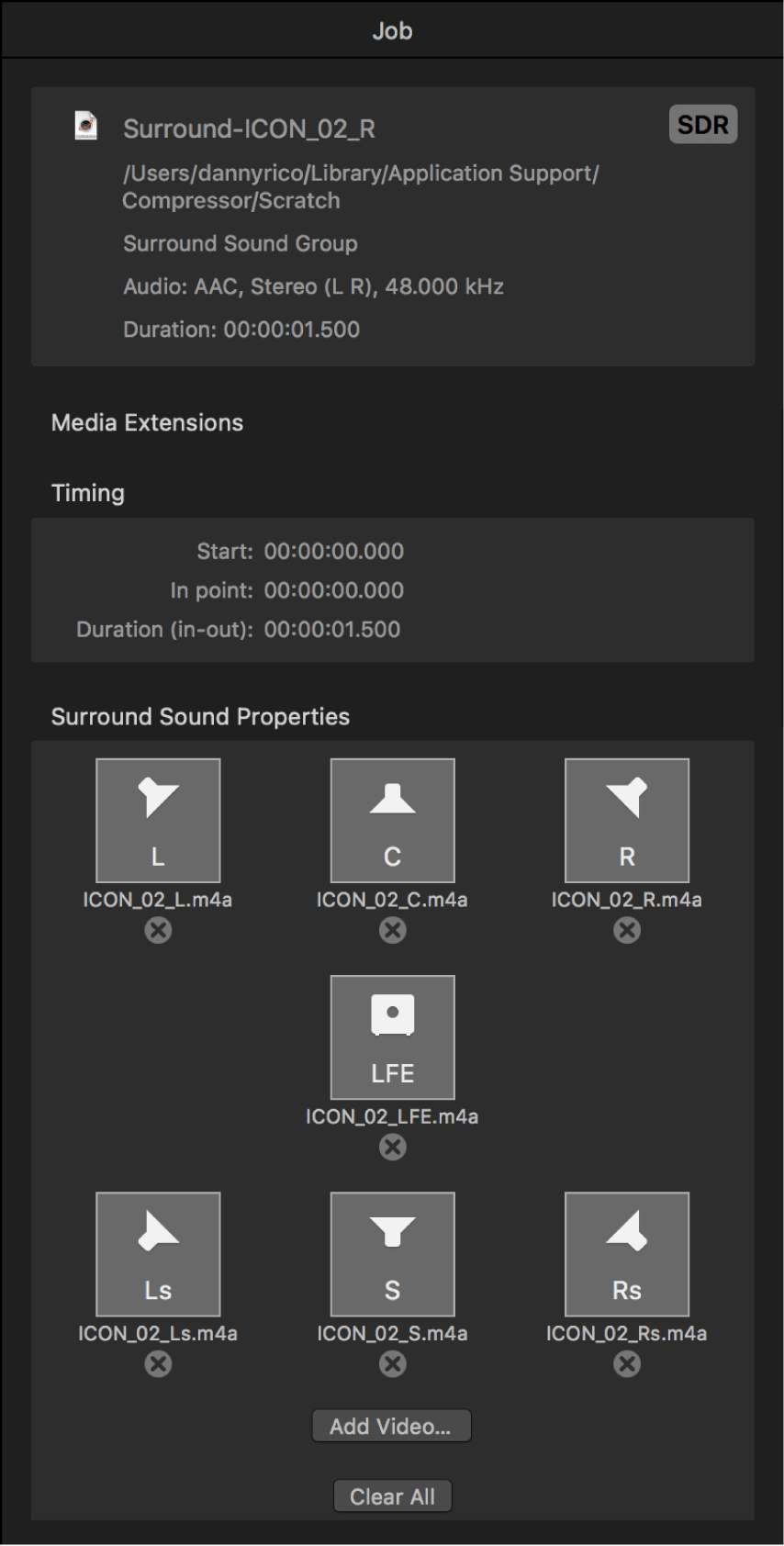 Inspector de tareas donde se muestra la tarea de audio surround