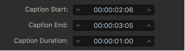 Campos de temporización de subtítulos en el inspector de subtítulos opcionales o el inspector de subtítulos