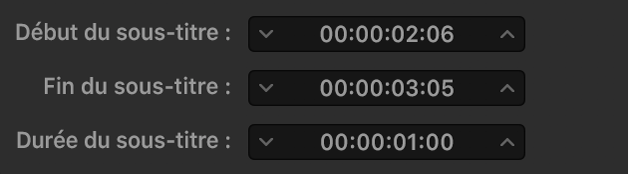 Champs de synchronisation du sous-titre dans l’inspecteur des sous-titres codés ou dans l’inspecteur des sous-titrages