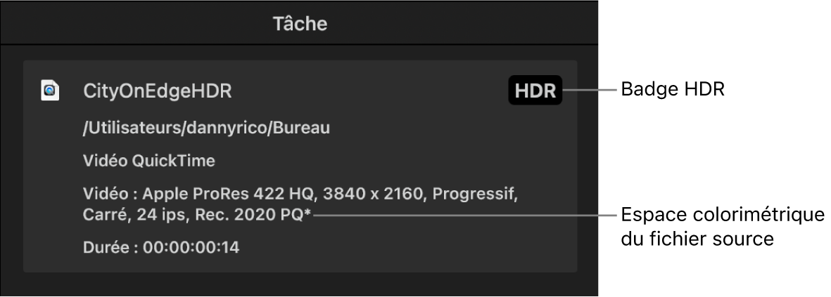 Inspecteur de tâche affichant une pastille HDR et l’espace colorimétrique du fichier vidéo source.