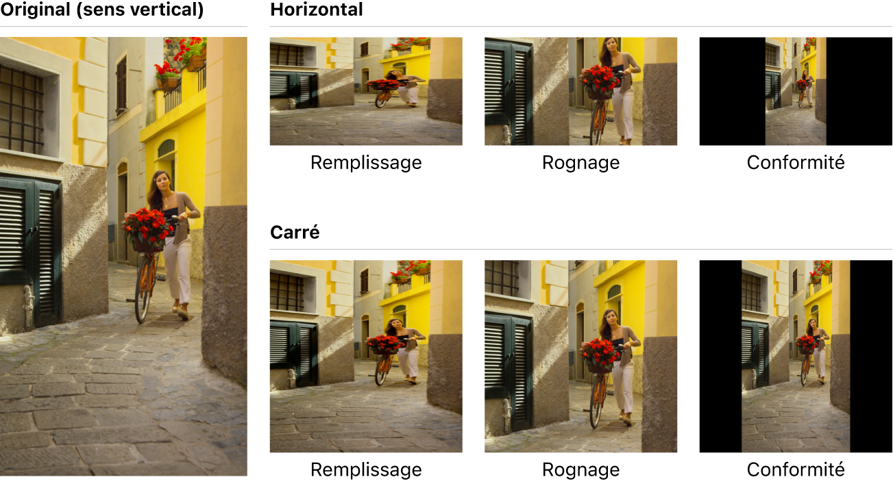 Exemple de mise en conformité d’une vidéo verticale en une vidéo horizontale et carrée avec différentes options.