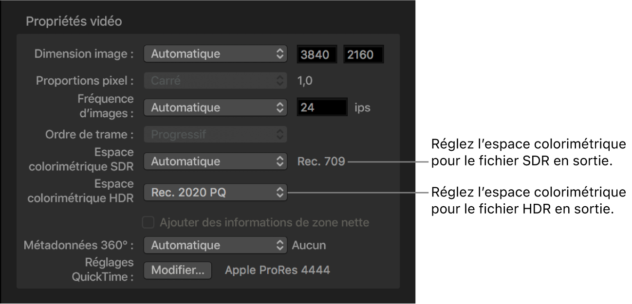 Vidéo propriétés dans l’inspecteur vidéo affichant le menu local de l’espace colorimétrique SDR et son homologue HDR, où vous pouvez définir l’espace colorimétrique des fichiers en sortie.