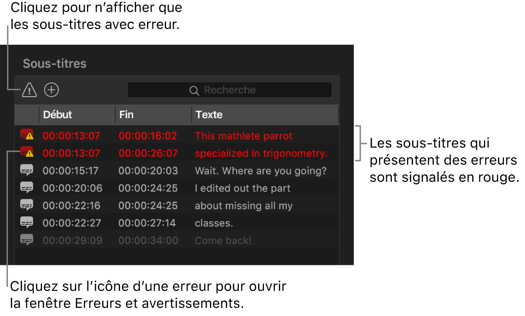 Liste Sous-titres montrant des sous-titres avec des erreurs indiqués en rouge