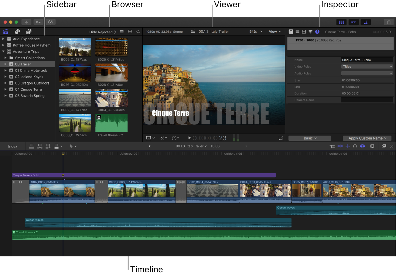 Das Final Cut Pro-Fenster mit Seitenleiste, Übersicht, Viewer, Informationsfenster und Timeline