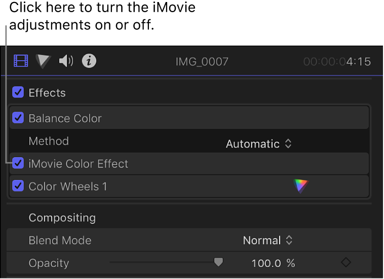 Der Abschnitt „Effekte“ des Informationsfensters „Video“ mit dem Markierungsfeld „iMovie-Farbeffekt“