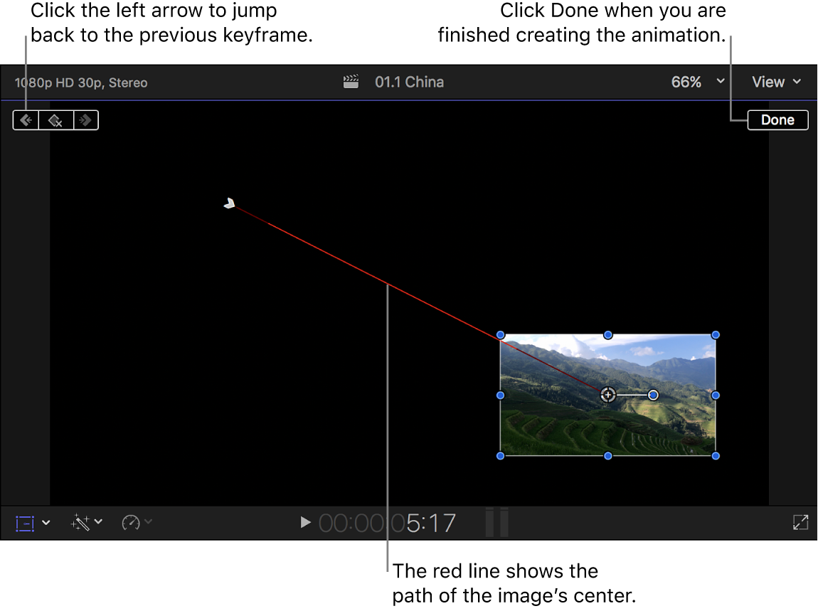 Der Viewer mit dem Effekt „Transformieren“ mit zwei eingestellten Keyframes und einer roten Linie zwischen den Keyframes, die den Bildpfad anzeigt