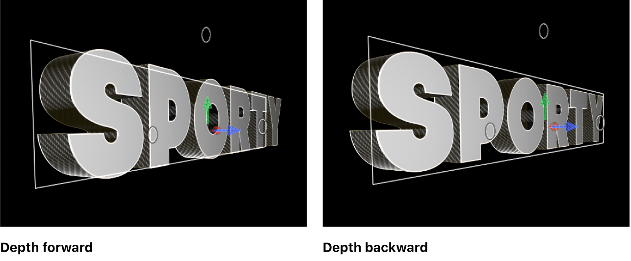 3D-Titel im Viewer mit Tiefenrichtung, die auf vorwärts und rückwärts eingestellt ist