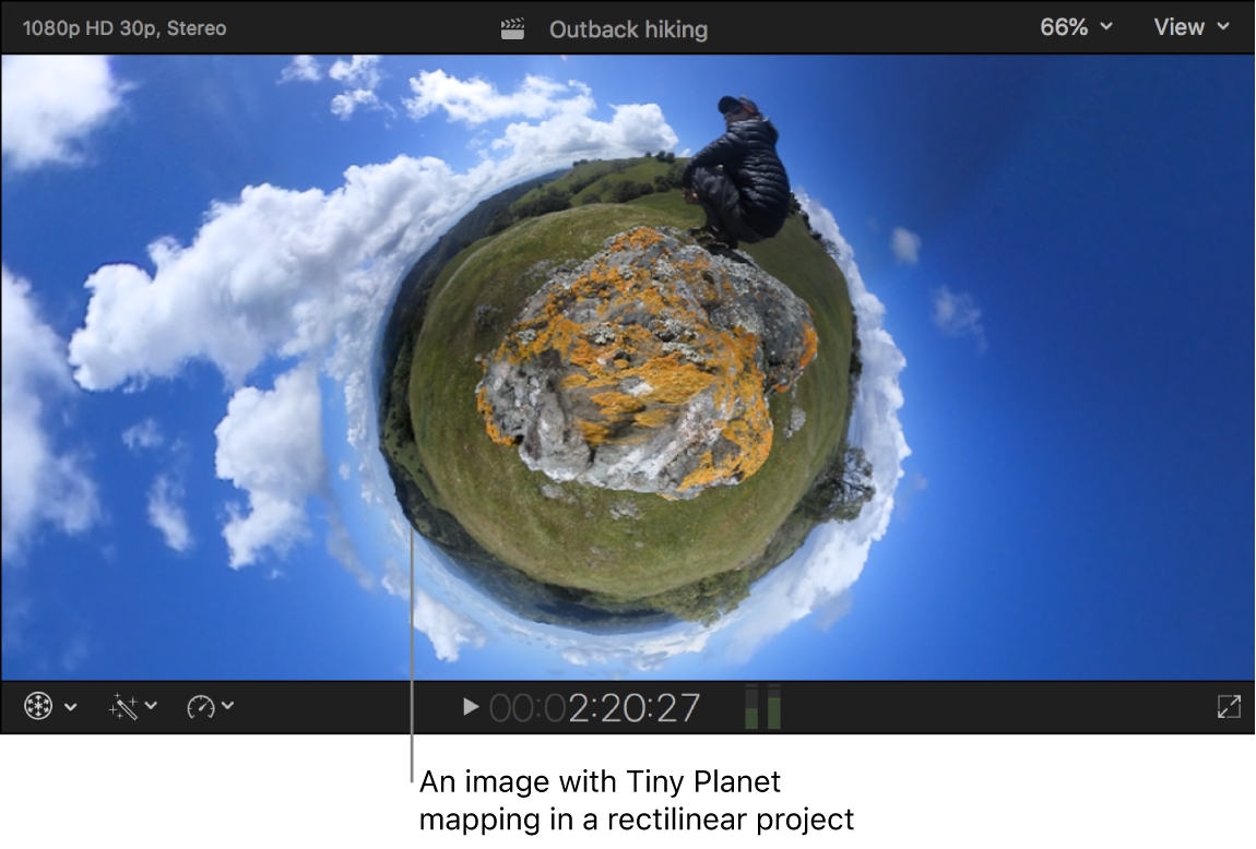 Der Viewer mit dem Mapping „Tiny Planet“, das den Effekt eines kleinen Planeten in der Mitte des Bilds erzeugt.