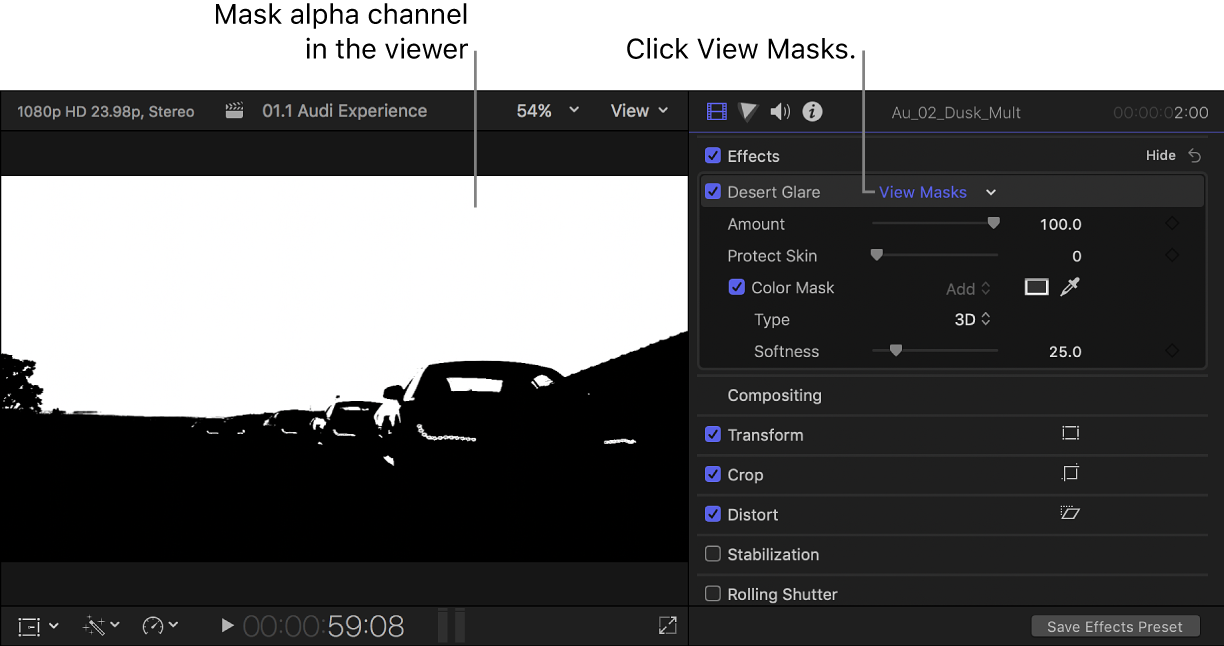 Der Viewer links mit dem Alpha-Kanal einer Maske und das geöffnete Informationsfenster „Video“ rechts