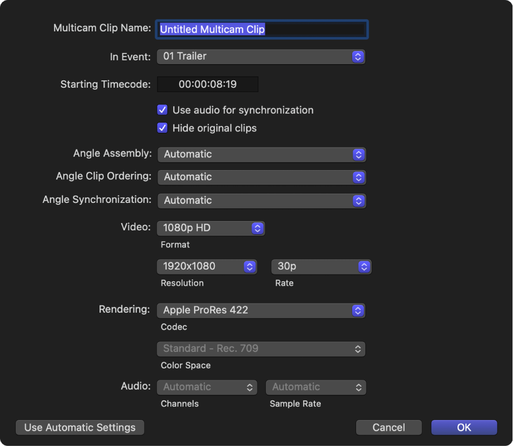 Die anpassbaren Einstellungen für Multicam