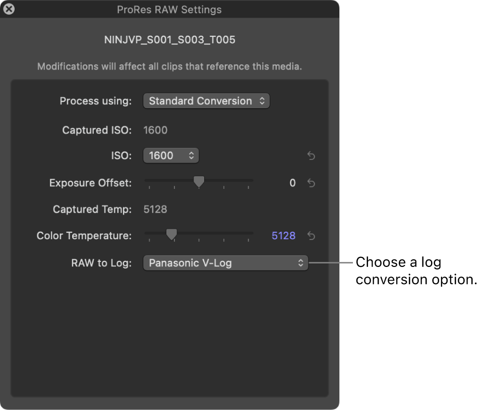 Fenster „ProRes RAW-Einstellungen“ mit dem Einblendmenü „RAW-zu-Log“