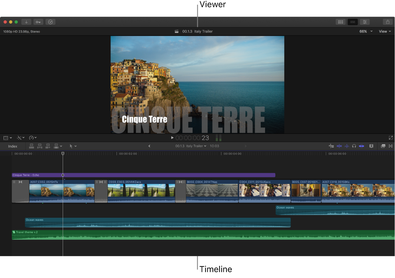 Das Final Cut Pro-Fenster, in dem nur der Viewer und die Timeline angezeigt werden