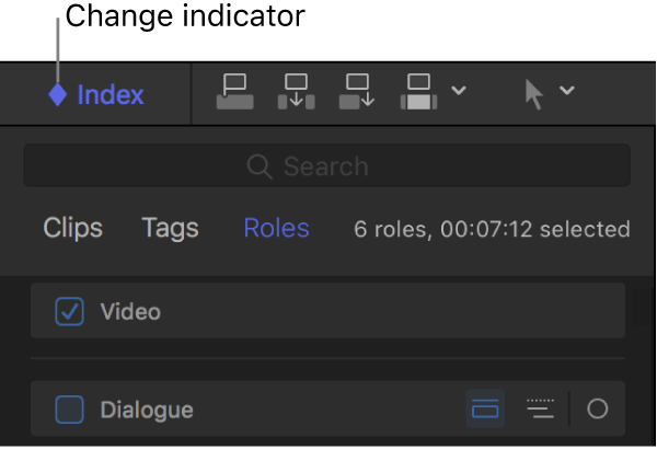 Der obere Bereich des Timeline-Index mit einem rautenförmigen Änderungsanzeiger in der Taste „Index“