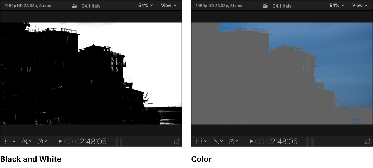 Abbildungen des Viewer mit dem Alpha-Kanal in schwarzweiß links und den sichtbaren Bereichen des maskierten Bilds in Farbe rechts