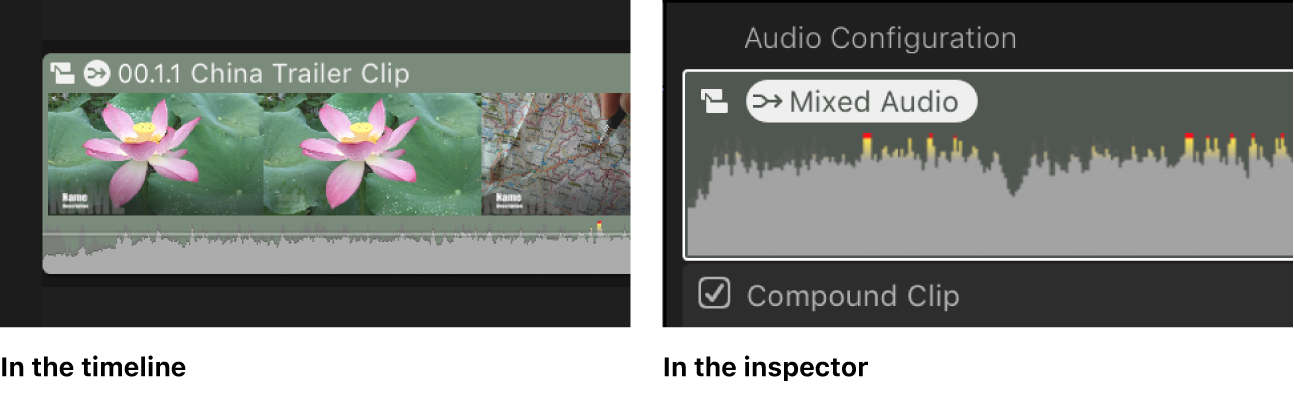 The same clip in the timeline and the Audio inspector, showing the Mixed Audio icon