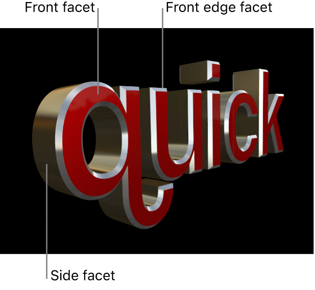 The viewer showing the front facet, front edge facet, and side facet of a 3D title