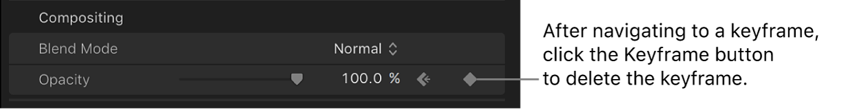 The Keyframe button for the Opacity parameter in the Video inspector