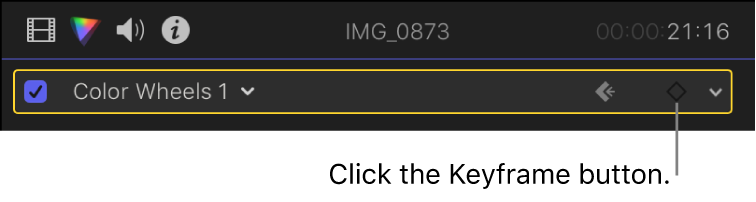 The Keyframe button for the Color Wheels effect turned off in the Color inspector