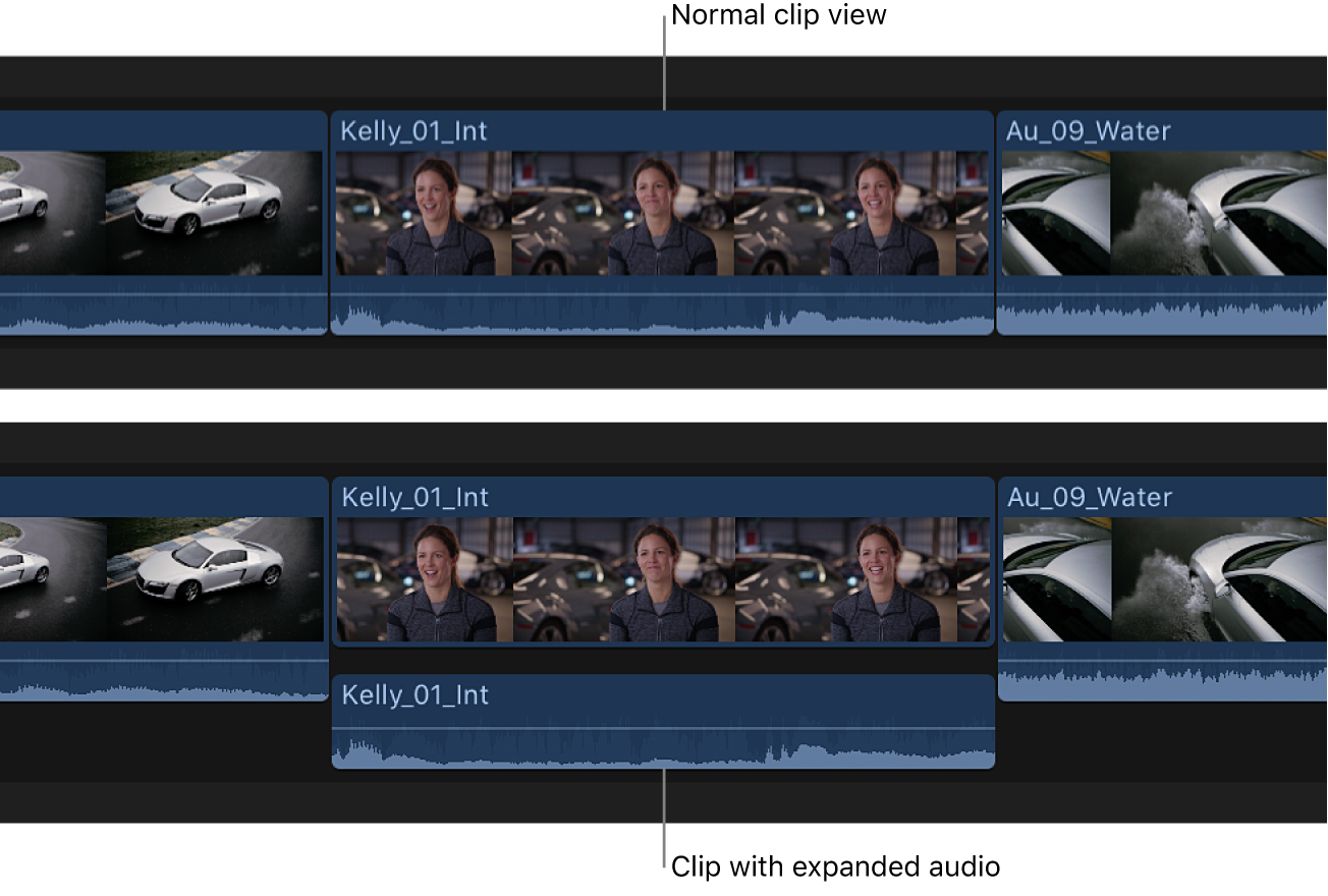 A clip in the timeline before and after its audio components are expanded