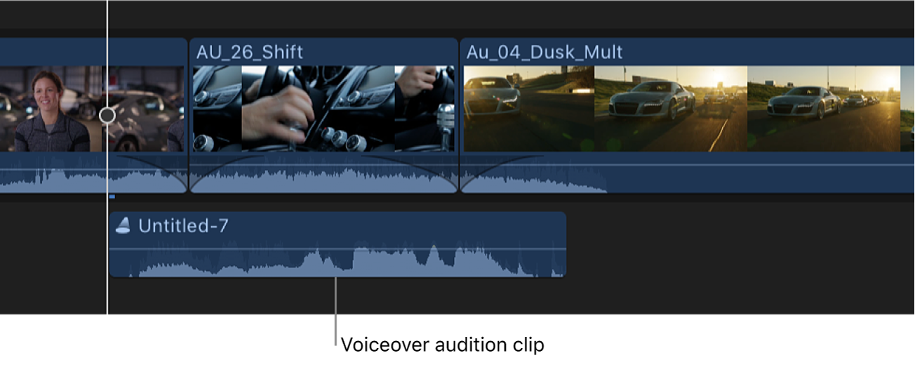 The timeline showing an audition clip created from multiple voiceover takes