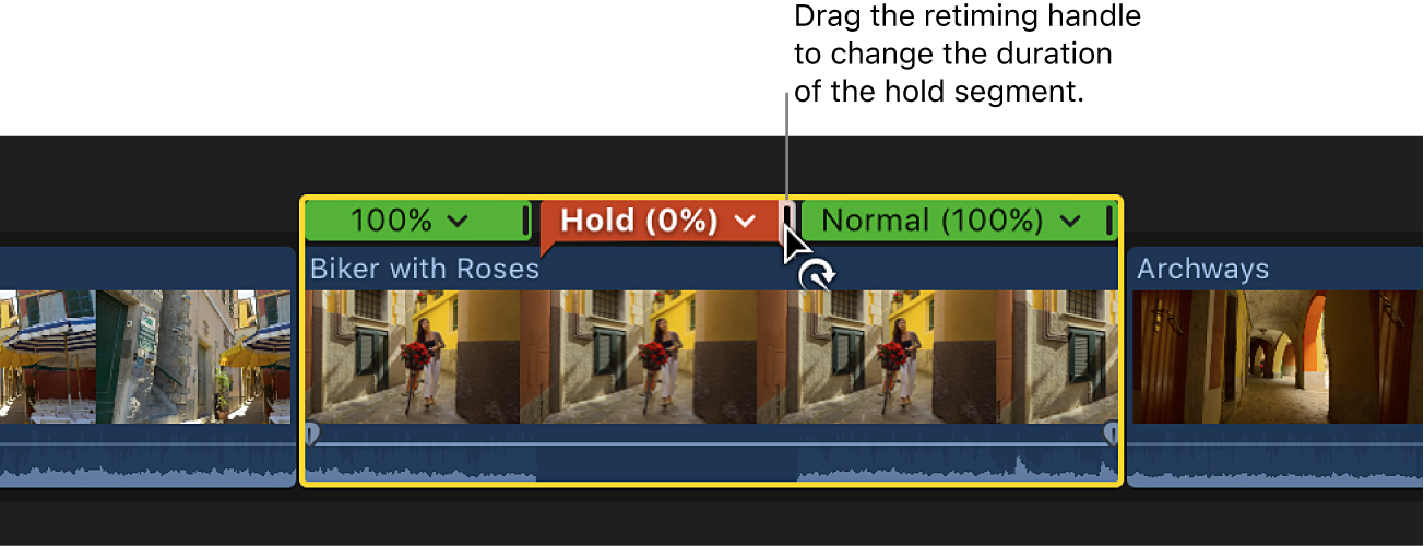 The timeline showing the retiming handle of a hold segment being dragged to adjust the duration