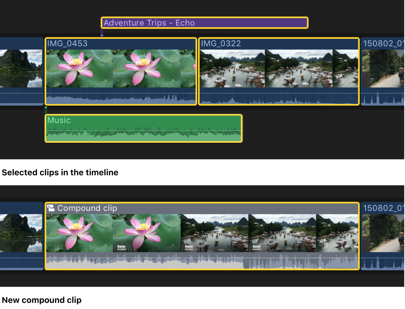 A project in the timeline before and after being simplified with a compound clip