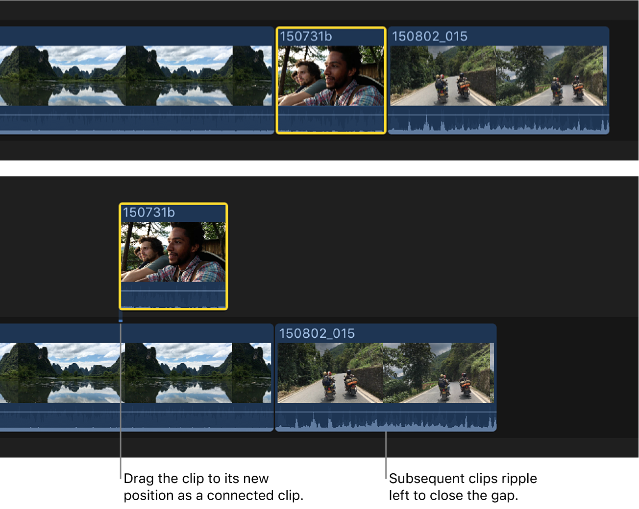 A clip in the timeline being dragged from the primary storyline to a new position as a connected clip, causing clips after it in the primary storyline to ripple left to close the gap