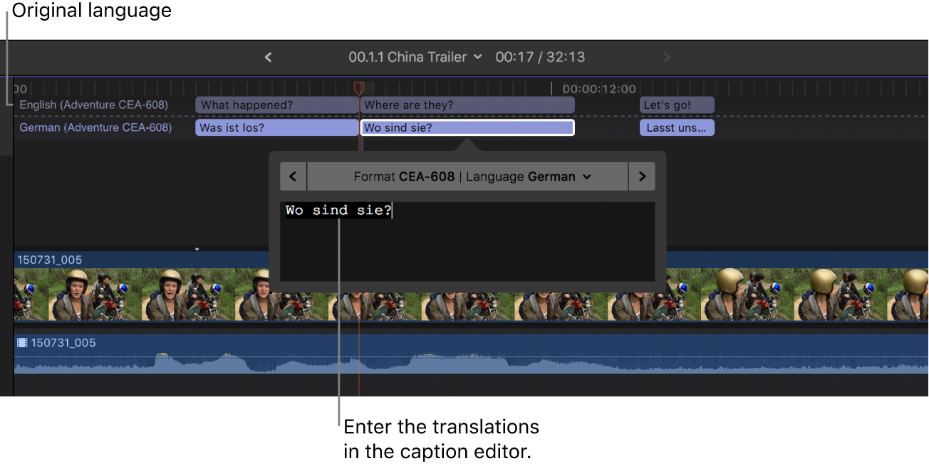 The caption editor showing a German translation of a selected duplicate caption