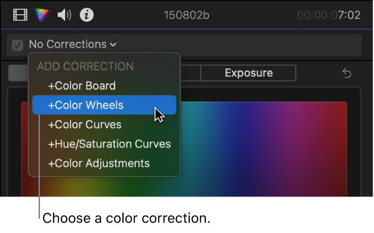 The Add Correction section of the pop-up menu at the top of the Color inspector, showing color correction effects