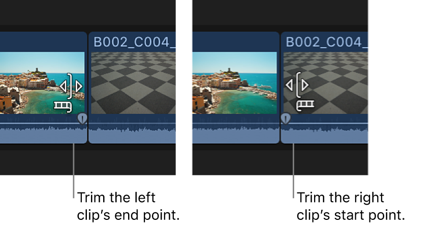 The trim icon changing to show whether the left clip or right clip will be trimmed