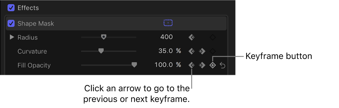 Keyframe controls in the Shape Mask section of the Video inspector