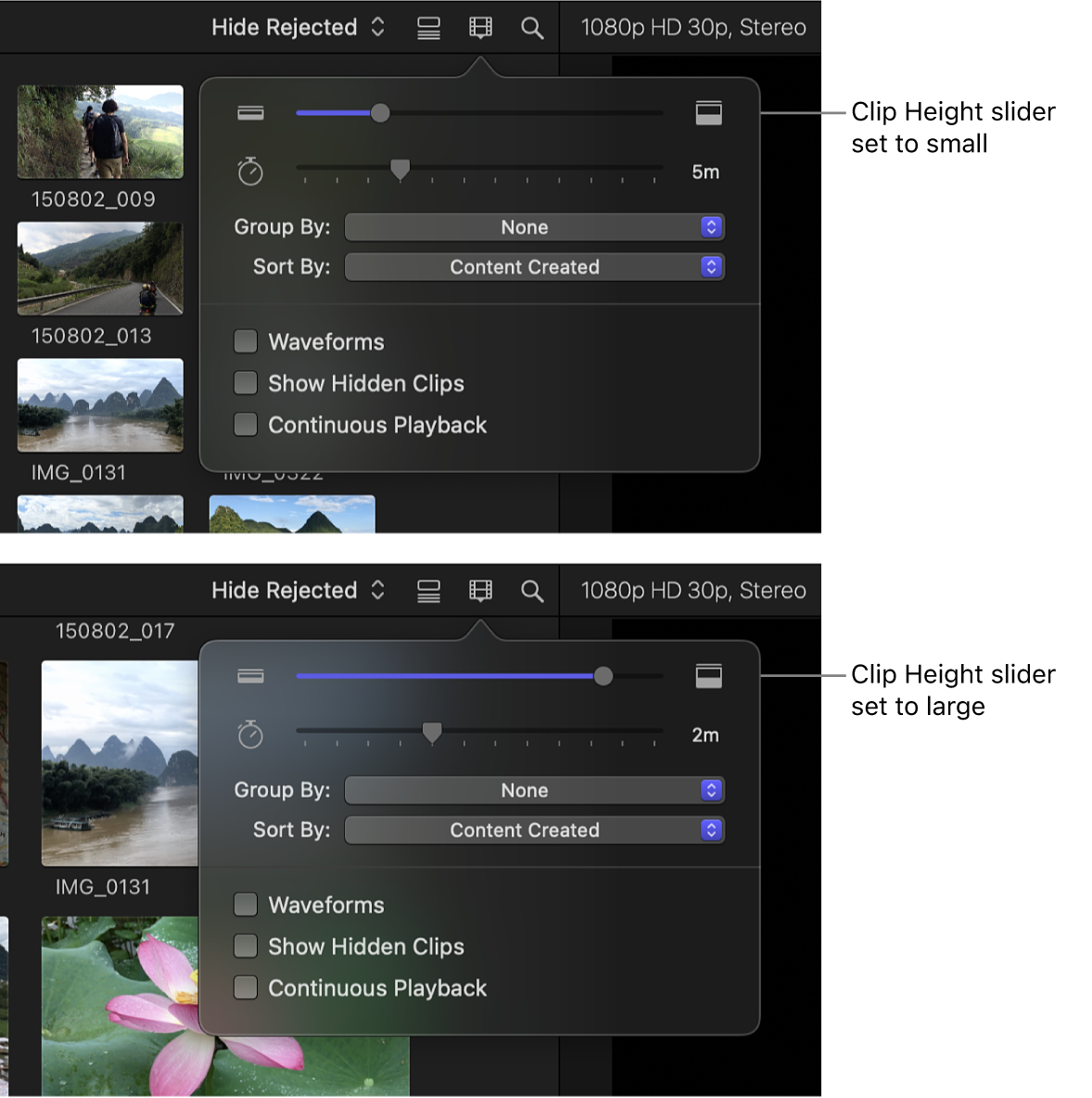 Filmstrips in the browser before and after the filmstrip height is changed using the Clip Height slider