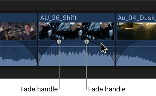 Fade handles on a clip in the timeline