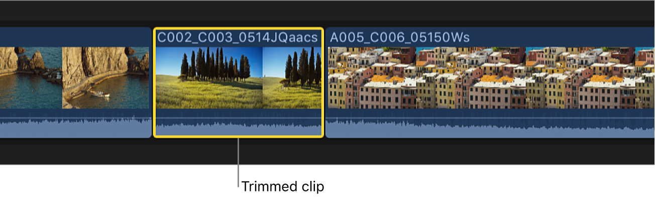 A clip in the timeline trimmed to the start and end points of the range selection