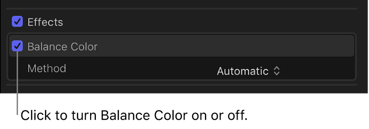 The Effects section of the Video inspector showing the Balance Color checkbox and the status of color balance analysis