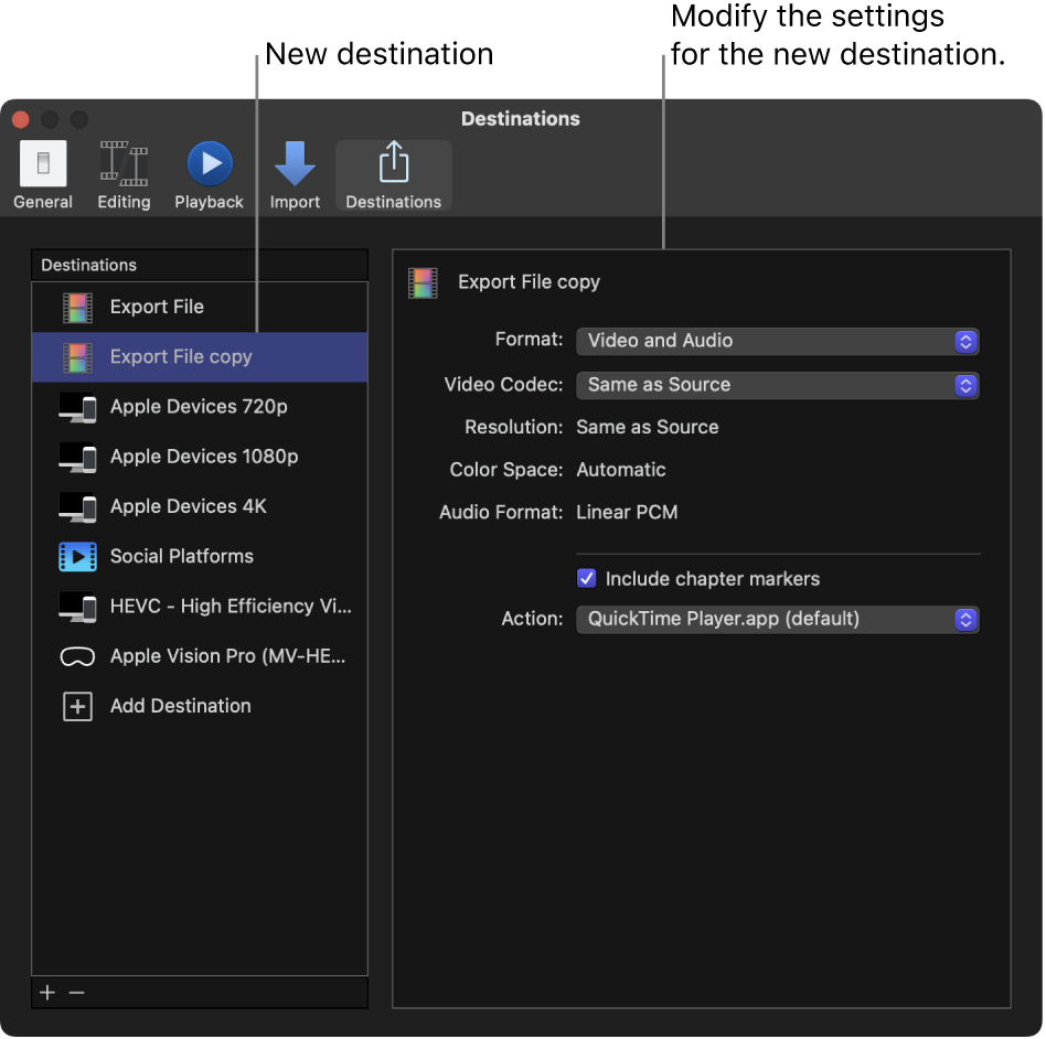 The Destinations pane of the Final Cut Pro Settings window showing a duplicated Export File destination selected in the list on the left