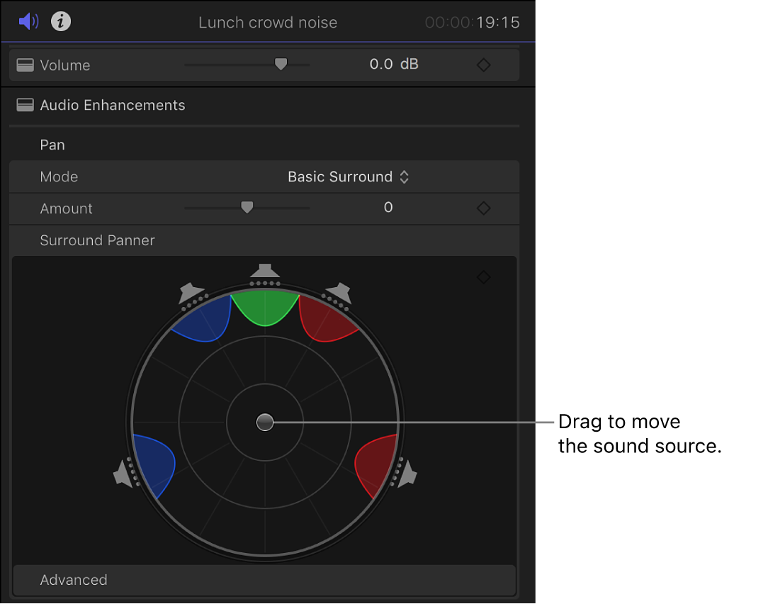 The Surround Panner controls in the Volume and Pan section of the Audio inspector